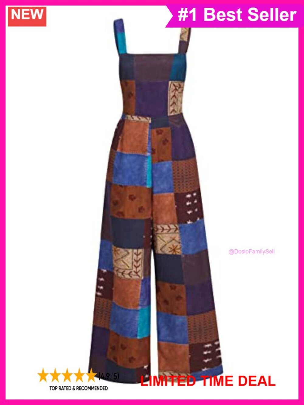 Sleeveless Patchwork Loose Fit Cami Jumpsuit Boho Summer Romper